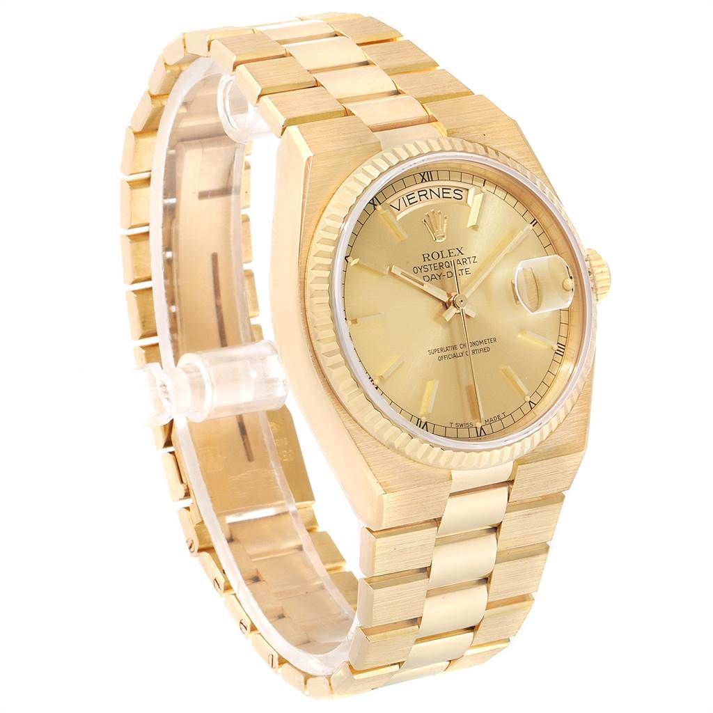 The image shows a side profile of the Rolex President 19018 Men's Yellow Gold Champagne Dial 19018 Men's Yellow Gold Champagne Dial model, displaying its gold bracelet, bezel, and face.