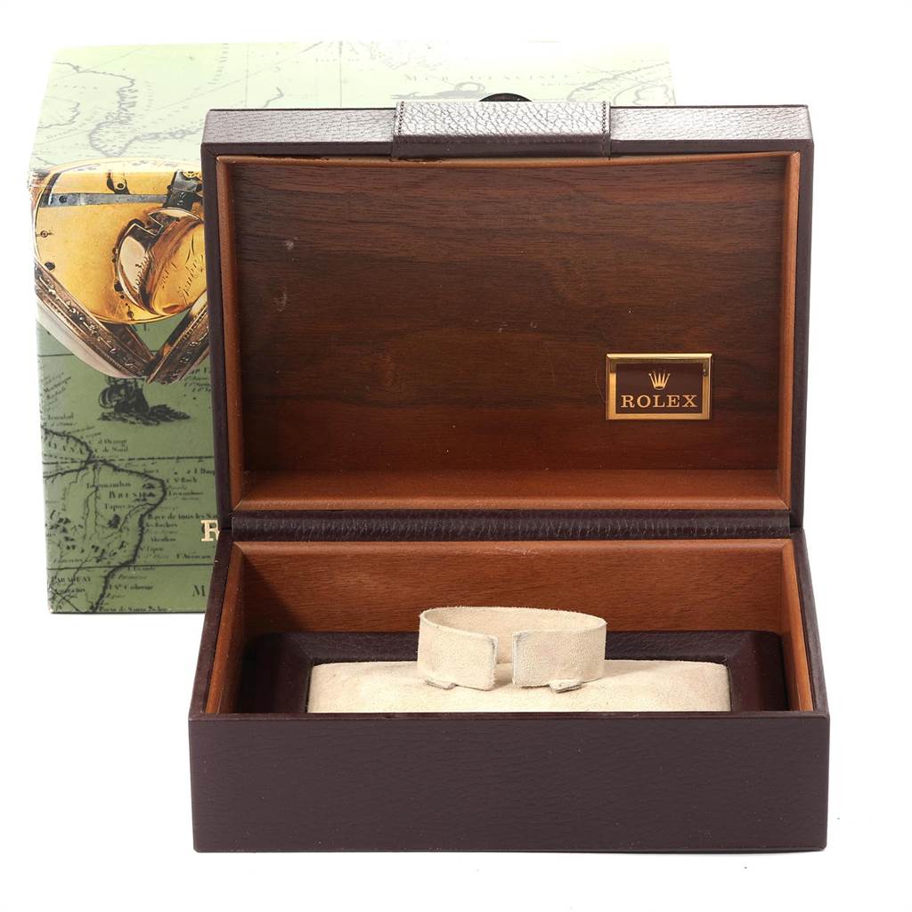 The image shows an open Rolex President 19018 Men's Yellow Gold Champagne Dial 19018 Men's Yellow Gold Champagne Dial watch box with a cushion inside, and a Rolex label on the interior.