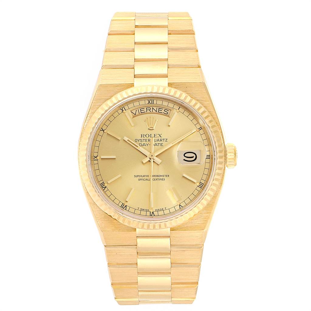 This is a front view of the Rolex Oysterquartz Day-Date President watch, showing the dial, bezel, and bracelet.