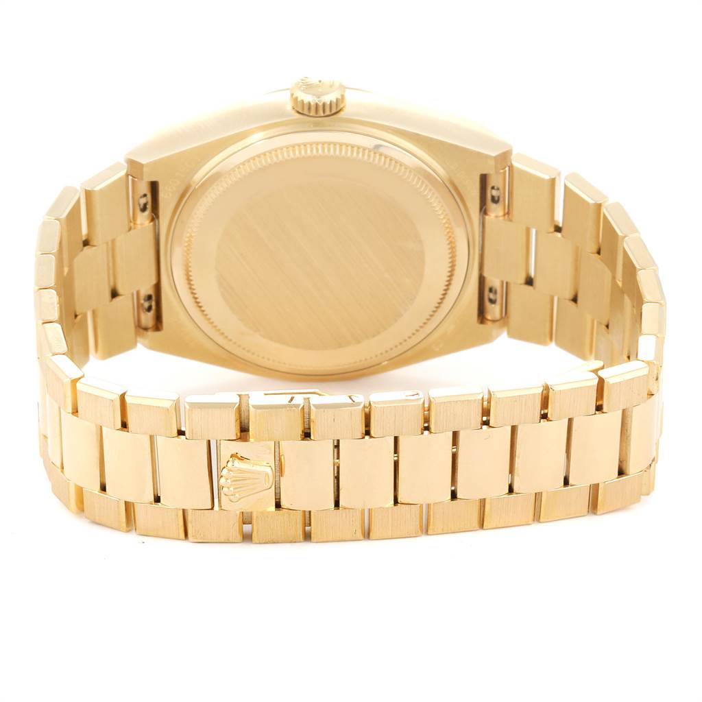 The image shows the back case and bracelet of a Rolex President 19018 Men's Yellow Gold Champagne Dial 19018 Men's Yellow Gold Champagne Dial model watch from a rear angle.