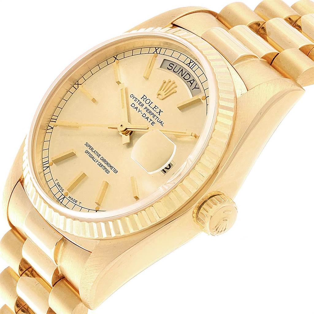 The image shows a side angle of the Rolex President 18038 Men
s Yellow Gold Champagne Dial 18038 Men
s Yellow Gold Champagne Dial model watch, highlighting the dial, fluted bezel, crown, and part of the bracelet.