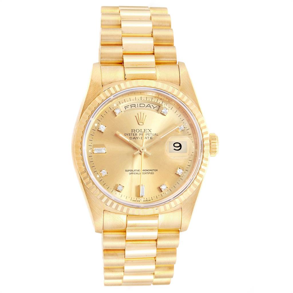This image shows a front view of a Rolex President 18238 Men
s Yellow Gold Champagne Dial 18238 Men
s Yellow Gold Champagne Dial model watch, highlighting its gold bracelet, dial, day-date display, and crown.