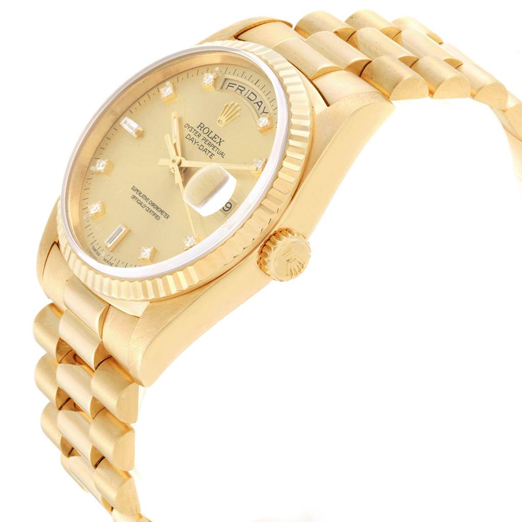 The Rolex President 18238 Men
s Yellow Gold Champagne Dial 18238 Men
s Yellow Gold Champagne Dial model watch is shown at a three-quarter angle, highlighting its gold case, crown, bracelet, and diamond-accented dial.