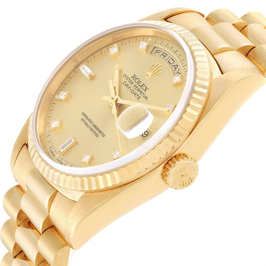 The image shows a side and partial top view of a Rolex President 18238 Men
s Yellow Gold Champagne Dial 18238 Men
s Yellow Gold Champagne Dial watch, highlighting its gold body, dial, and bracelet.