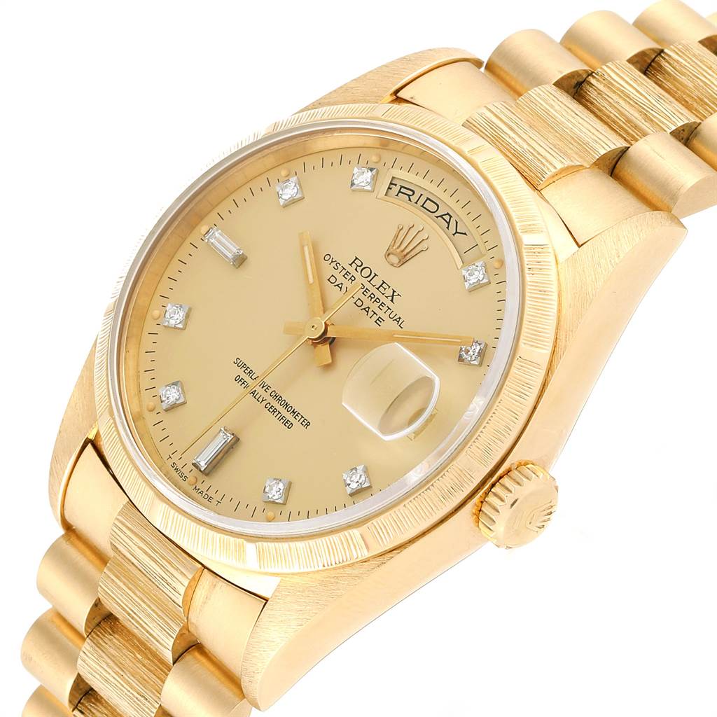 This image shows a Rolex President 18248 Men's Yellow Gold Champagne Dial 18248 Men's Yellow Gold Champagne Dial model watch at an angle, highlighting the dial, hands, crown, and bracelet.