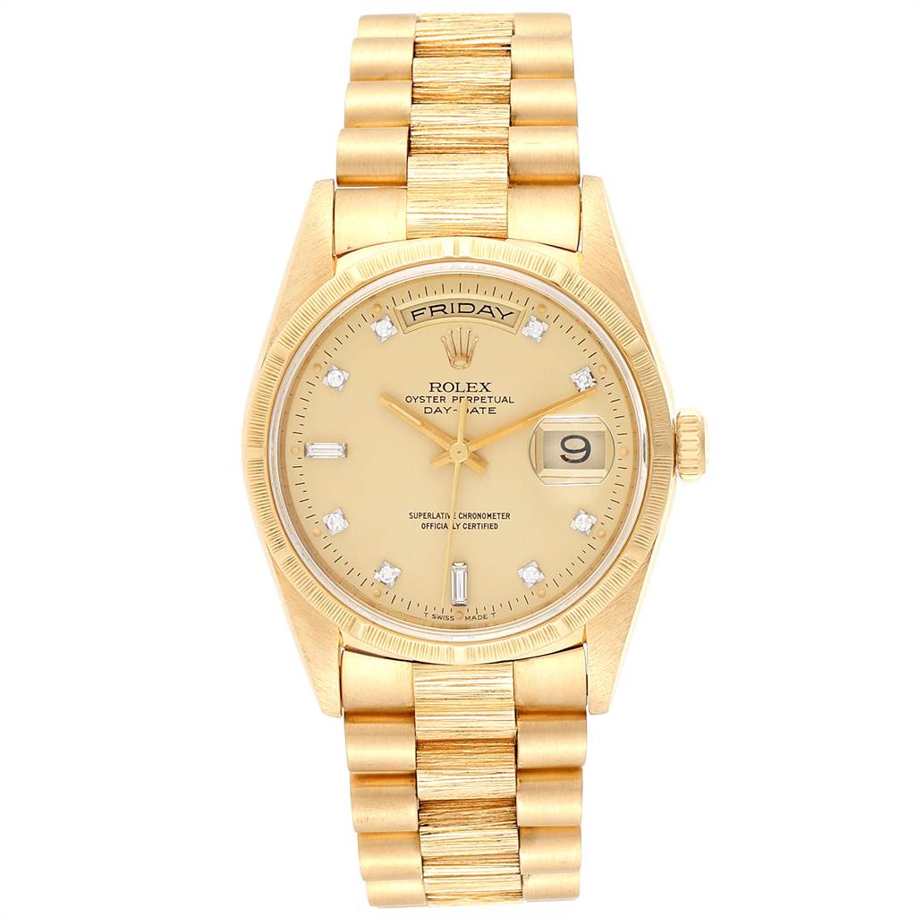 The image shows a Rolex President 18248 Men's Yellow Gold Champagne Dial 18248 Men's Yellow Gold Champagne Dial model watch from the front, displaying its gold bracelet, dial, day and date indicators.