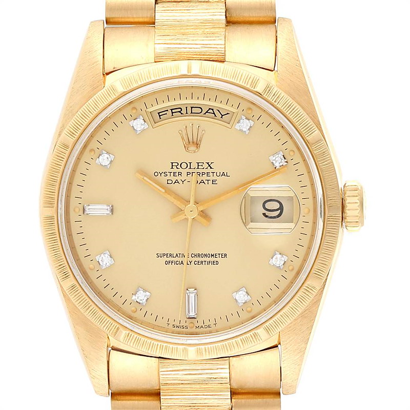 Rolex President Day-Date Yellow Gold Bark Finish Diamond Mens Watch 18248 SwissWatchExpo