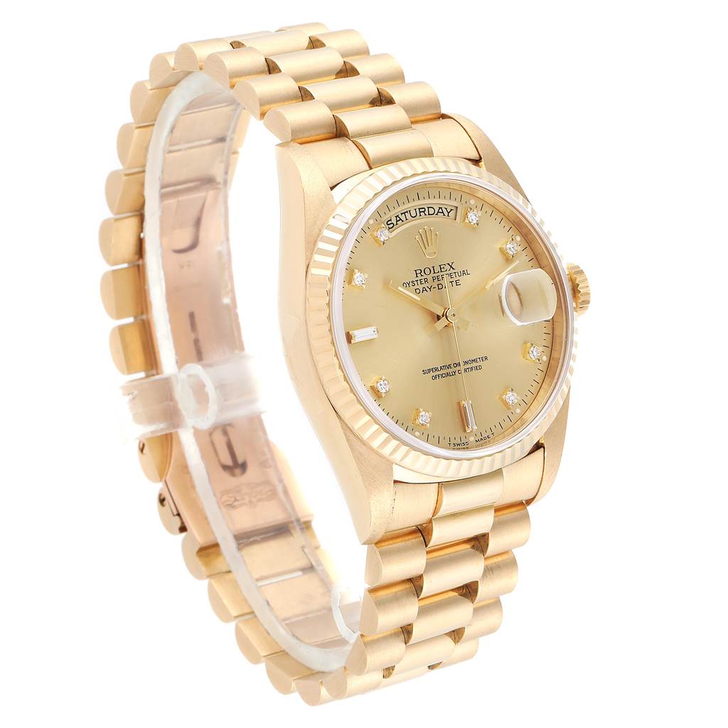 The image shows a side and front view of the Rolex President 18238 Men
s Yellow Gold Champagne Dial 18238 Men
s Yellow Gold Champagne Dial model watch, highlighting its band, case, and dial.