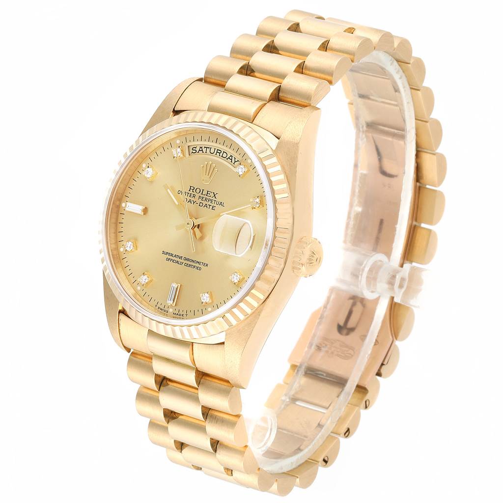 The image shows a President model Rolex watch at a three-quarter angle, displaying the dial, bracelet, crown, and clasp.