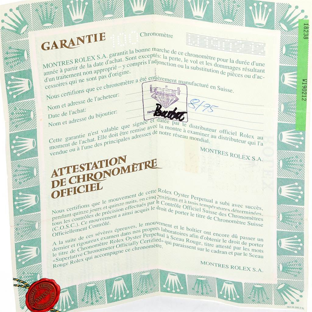 The image shows a warranty and official chronometer certification document for a Rolex President 18238 Men
s Yellow Gold Champagne Dial 18238 Men
s Yellow Gold Champagne Dial model watch.