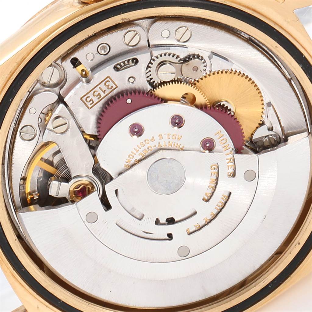 This image shows a close-up view of the movement and internal mechanism of a Rolex President 18238 Men
s Yellow Gold Champagne Dial 18238 Men
s Yellow Gold Champagne Dial model watch.