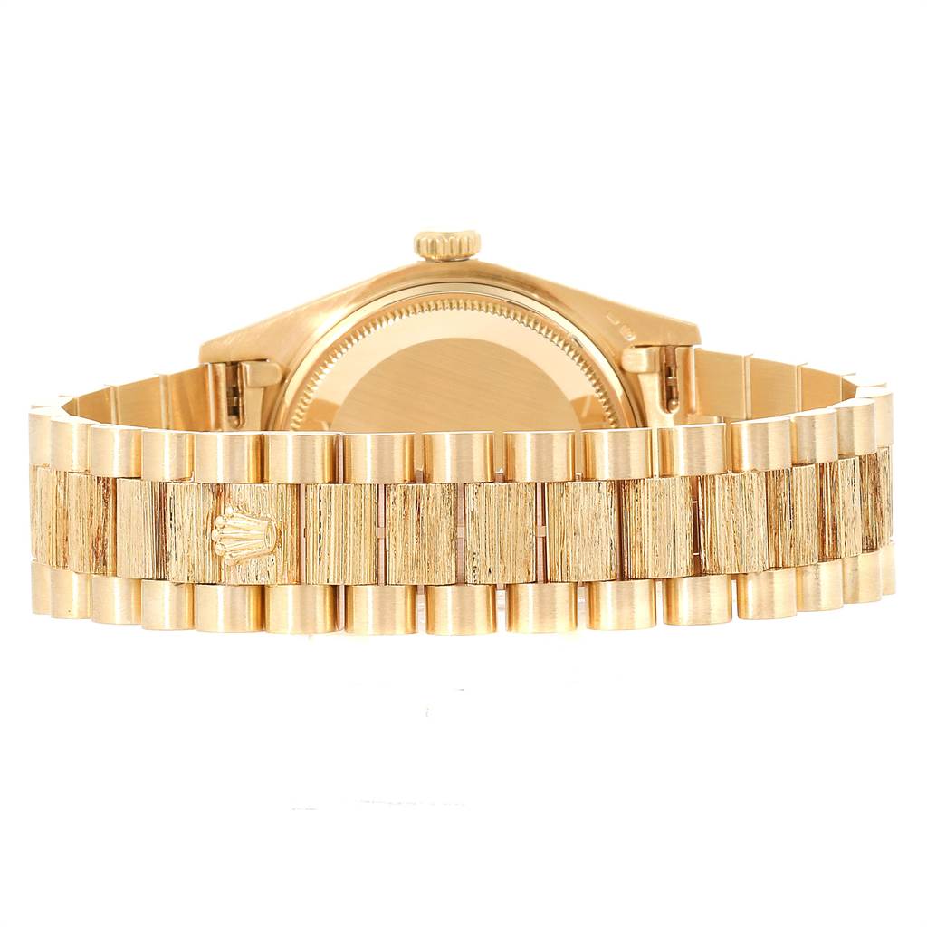 The angle shown is from the back, displaying the gold bracelet and clasp of the Rolex President 18078 Men
s Yellow Gold Champagne Dial 18078 Men
s Yellow Gold Champagne Dial model watch.