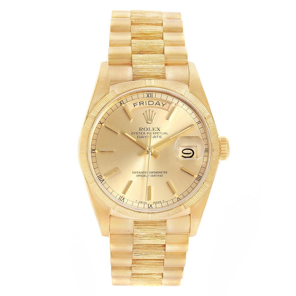 This image shows a Rolex President 18078 Men
s Yellow Gold Champagne Dial 18078 Men
s Yellow Gold Champagne Dial model watch from a front angle, displaying its gold case, bracelet, day-date dial, and crown.