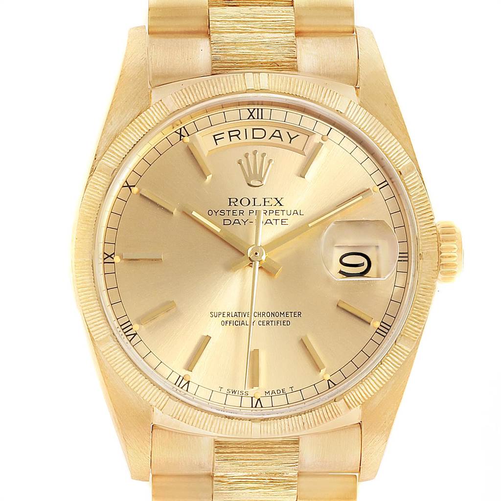 The Rolex President 18078 Men
s Yellow Gold Champagne Dial 18078 Men
s Yellow Gold Champagne Dial model is shown from a front angle, displaying the dial, day and date windows, and bracelet.