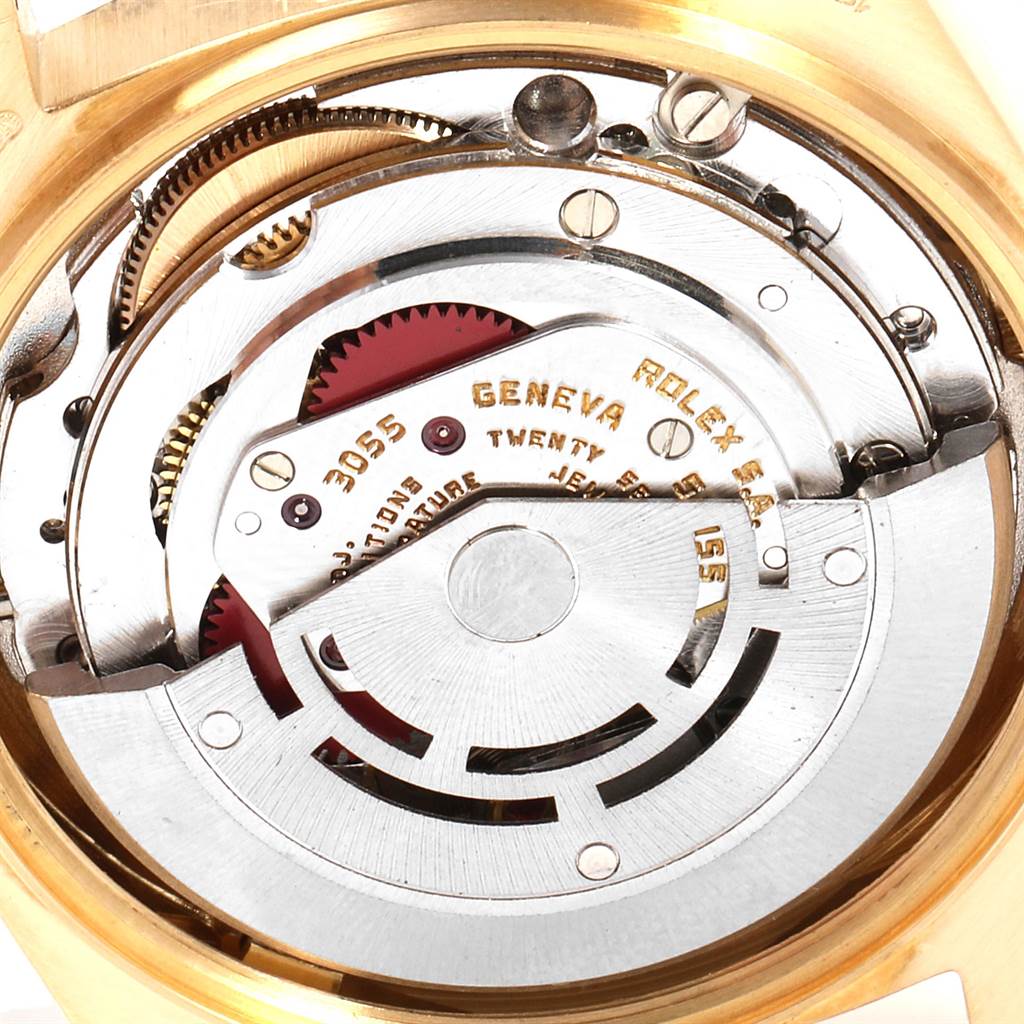 This image shows the inner mechanism and movement of a Rolex President 18078 Men
s Yellow Gold Champagne Dial 18078 Men
s Yellow Gold Champagne Dial model watch viewed from the back.