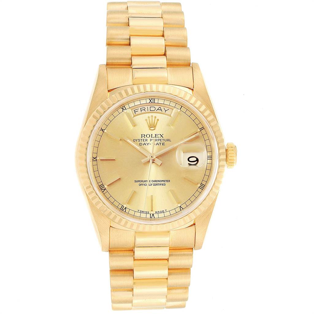 The image shows a frontal view of the Rolex President 18238 Men
s Yellow Gold Champagne Dial 18238 Men
s Yellow Gold Champagne Dial model watch, displaying its dial, bracelet, and fluted bezel.