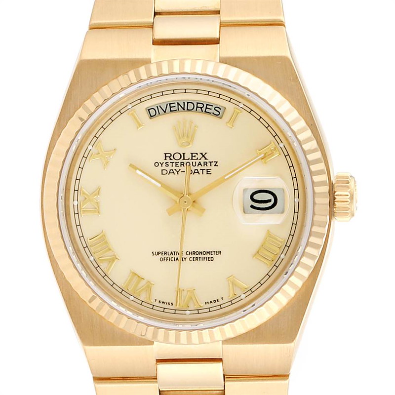 Rolex Oysterquartz President Yellow Gold Ivory Dial Mens Watch 19018 SwissWatchExpo