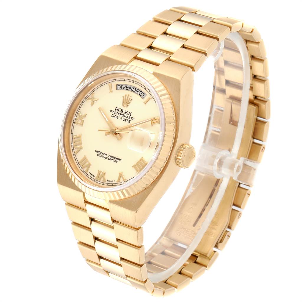 The Rolex President 19018 Men
s Yellow Gold Beige Dial 19018 Men
s Yellow Gold Beige Dial model watch is shown at a slight angle, displaying the face, bezel, crown, and bracelet.