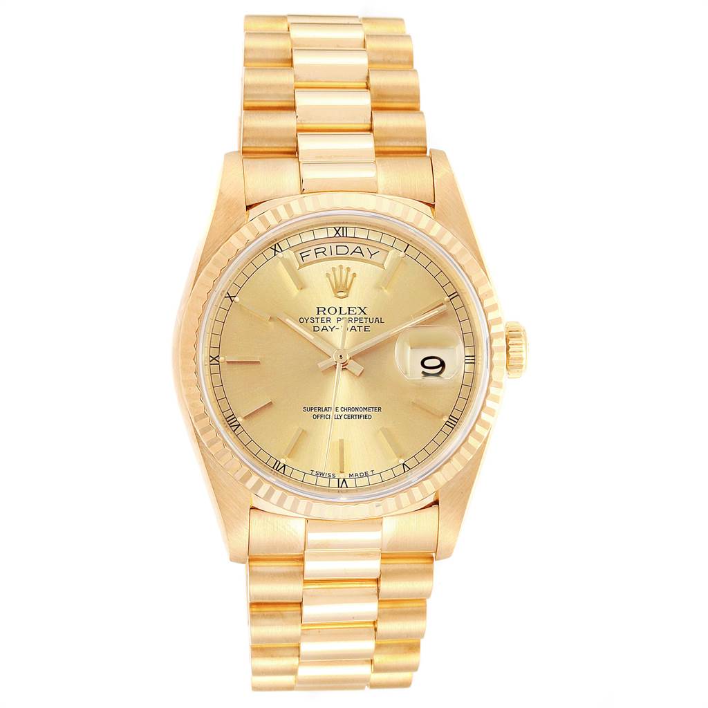 This image shows a Rolex President 18238 Men
s Yellow Gold Champagne Dial 18238 Men
s Yellow Gold Champagne Dial watch model, featuring the face, bezel, and full bracelet at a straight-on angle.