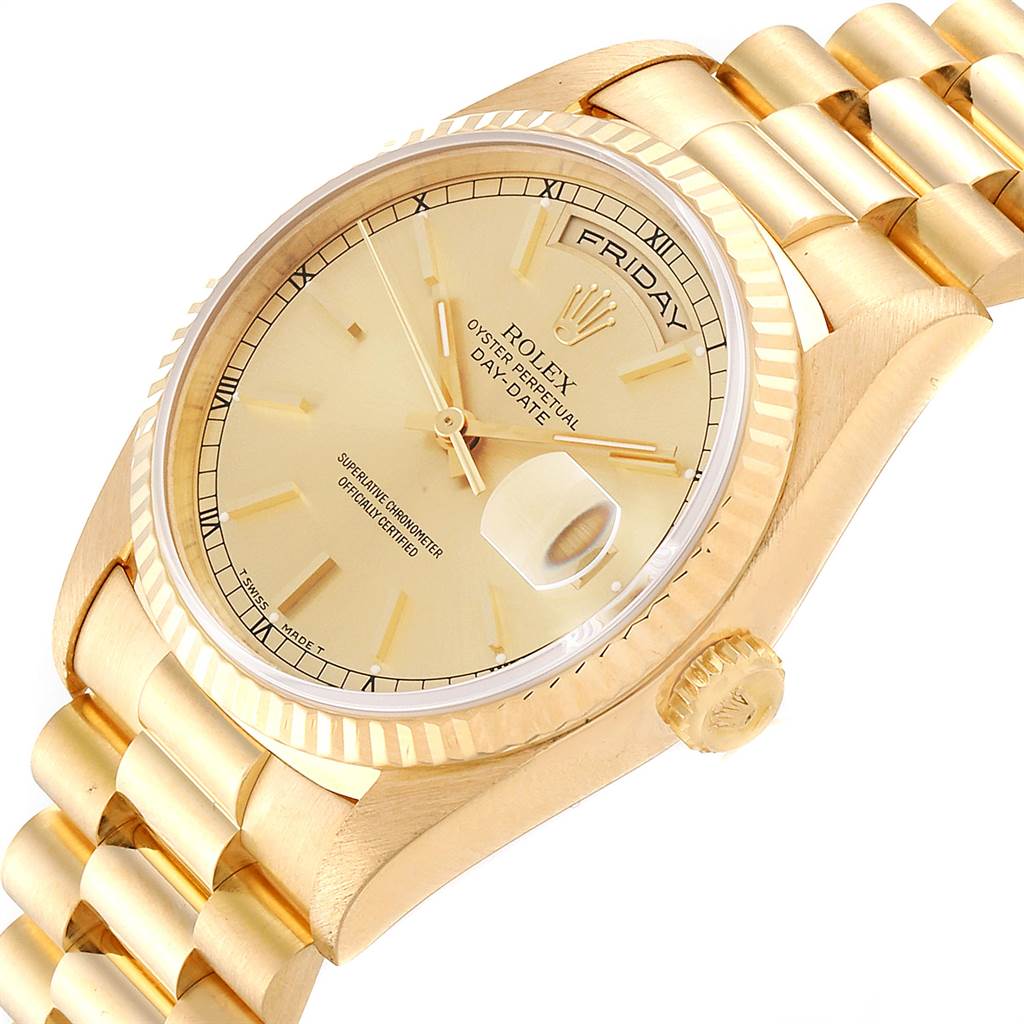 This image shows a detailed angled view of the Rolex President 18238 Men
s Yellow Gold Champagne Dial 18238 Men
s Yellow Gold Champagne Dial model watch, showcasing its dial, crown, and bracelet.