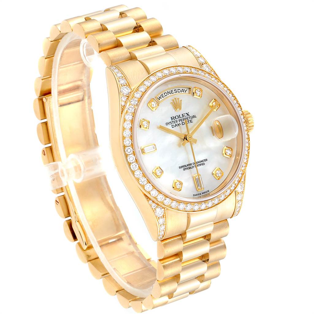 The Rolex President 118388 Men's Yellow Gold Mother of Pearl Dial 118388 Men's Yellow Gold Mother of Pearl Dial model watch is shown at a slight angled view, displaying the face, bezel, and part of the gold bracelet.