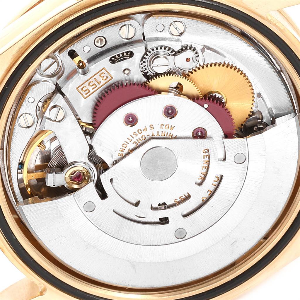 The image shows the inner workings and mechanical movement of a Rolex President 118388 Men's Yellow Gold Mother of Pearl Dial 118388 Men's Yellow Gold Mother of Pearl Dial model watch, viewed from the back.
