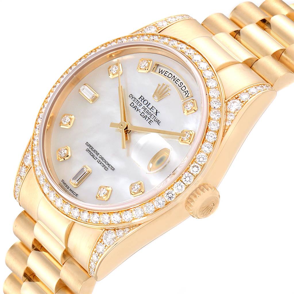 The image shows a close-up, angled view of a Rolex President 118388 Men's Yellow Gold Mother of Pearl Dial 118388 Men's Yellow Gold Mother of Pearl Dial watch, including its diamond-bezel, dial, and part of the bracelet.