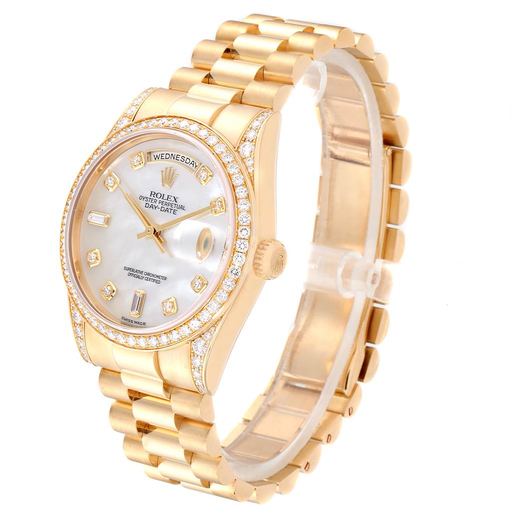 The image shows a Rolex President 118388 Men's Yellow Gold Mother of Pearl Dial 118388 Men's Yellow Gold Mother of Pearl Dial model watch from an angled view, focusing on the face, bezel, and part of the bracelet.