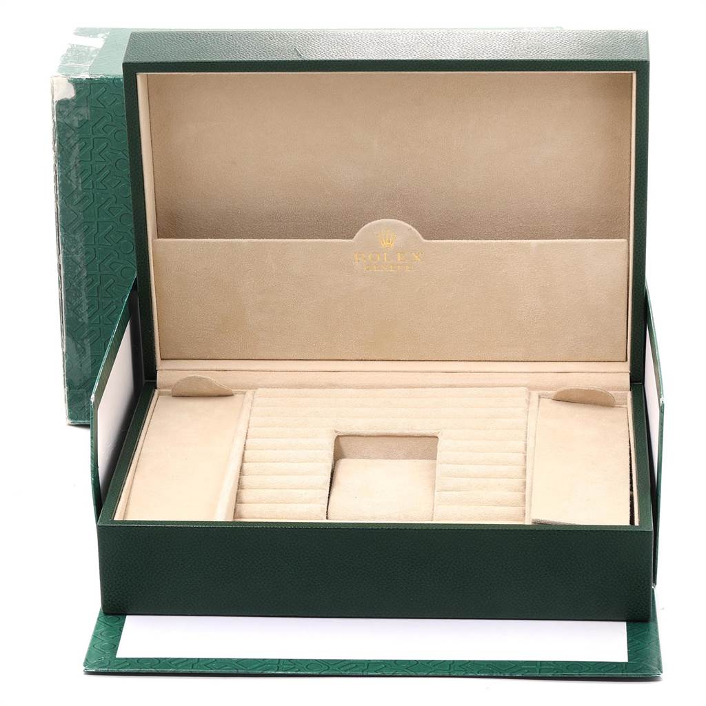 This image shows an empty Rolex President 118388 Men's Yellow Gold Mother of Pearl Dial 118388 Men's Yellow Gold Mother of Pearl Dial model watch box, viewed from the front, without the watch or accessories inside.