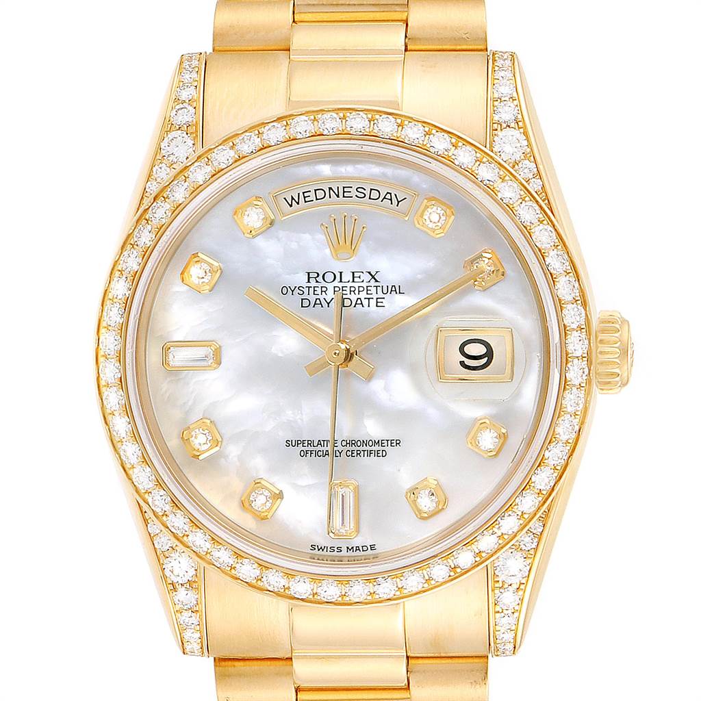 The image shows a front view of a Rolex President 118388 Men's Yellow Gold Mother of Pearl Dial 118388 Men's Yellow Gold Mother of Pearl Dial Day-Date watch, highlighting the dial, bezel, and part of the bracelet.