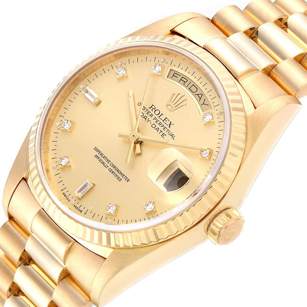 The image shows a close-up of the Rolex President 18038 Men
s Yellow Gold Champagne Dial 18038 Men
s Yellow Gold Champagne Dial model watch, highlighting the face, crown, and part of the bracelet.