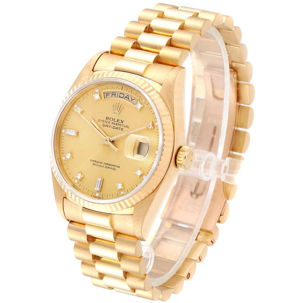 This image shows a Rolex President 18038 Men
s Yellow Gold Champagne Dial 18038 Men
s Yellow Gold Champagne Dial model watch at a slight angle, highlighting the bezel, dial, bracelet, and crown.