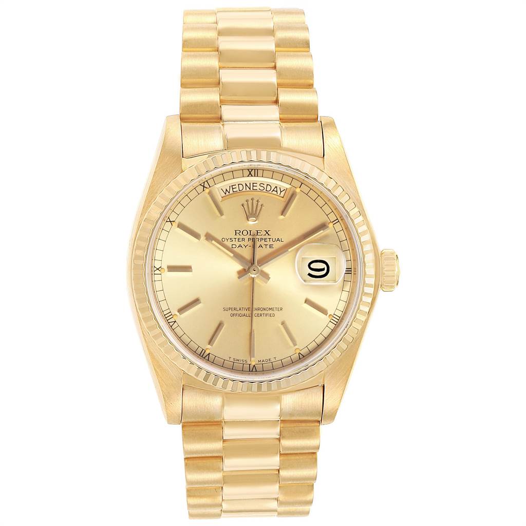 The image shows a frontal view of the Rolex President 18038 Men's Yellow Gold Champagne Dial 18038 Men's Yellow Gold Champagne Dial watch model, displaying its dial, day-date display, and bracelet.