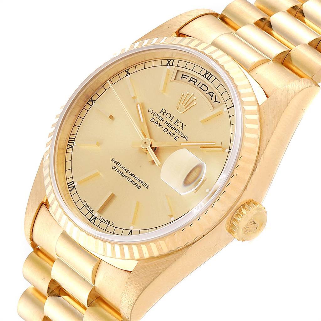 The image shows a Rolex President 18238 Men's Yellow Gold Champagne Dial 18238 Men's Yellow Gold Champagne Dial model watch at an angle, highlighting its dial, bezel, crown, and bracelet.