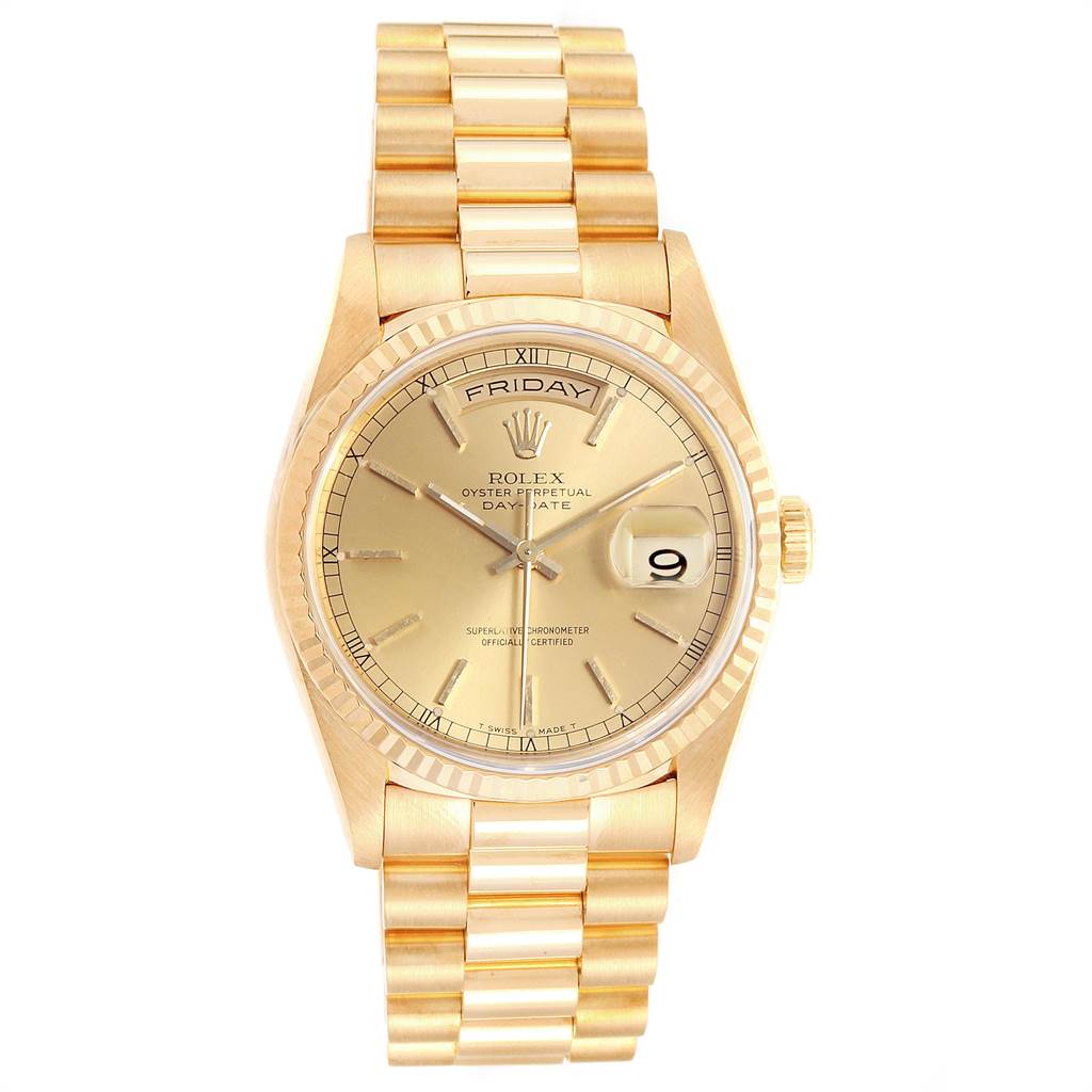 This image shows a front view of a Rolex President 18238 Men's Yellow Gold Champagne Dial 18238 Men's Yellow Gold Champagne Dial model watch, displaying the dial, bezel, crown, and bracelet.