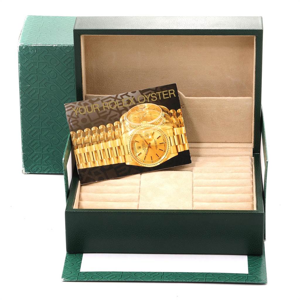 The image shows an open Rolex box with documentation for a Rolex President 18238 Men's Yellow Gold Champagne Dial 18238 Men's Yellow Gold Champagne Dial model watch.
