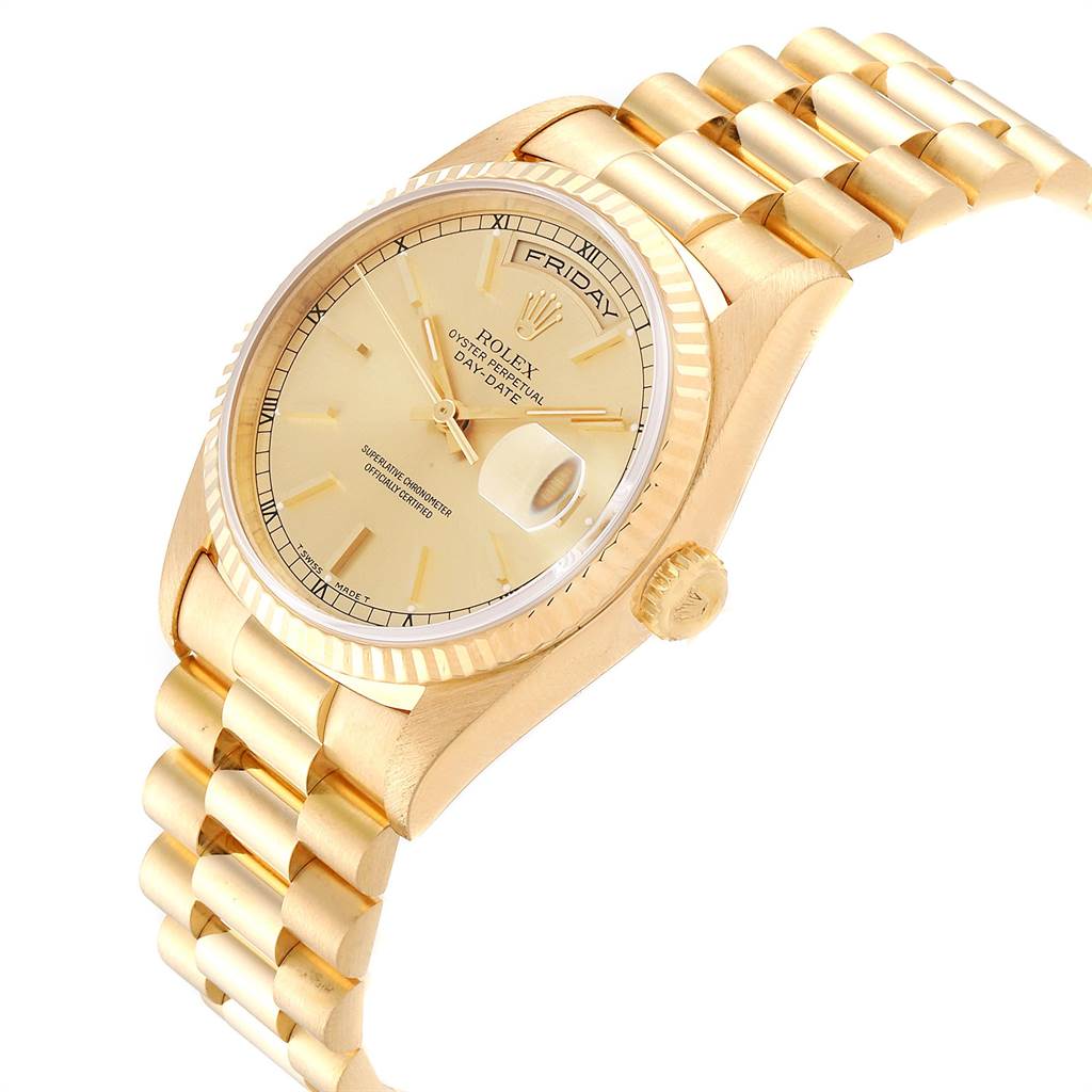 The image shows a Rolex President 18238 Men's Yellow Gold Champagne Dial 18238 Men's Yellow Gold Champagne Dial model watch from an angled perspective, highlighting the gold case, dial, and bracelet.