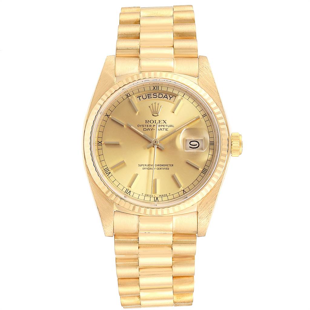 The picture shows a front view of the Rolex President 18038 Men's Yellow Gold Champagne Dial 18038 Men's Yellow Gold Champagne Dial model watch, highlighting the dial, bracelet, and crown.