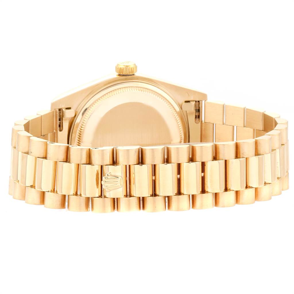 The image shows the back case and bracelet of the Rolex President 18038 Men's Yellow Gold Champagne Dial 18038 Men's Yellow Gold Champagne Dial model watch in a gold finish.