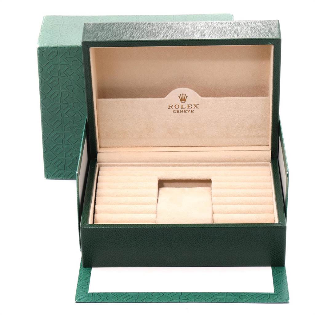 The image shows the open, empty box for a Rolex President 18038 Men's Yellow Gold Champagne Dial 18038 Men's Yellow Gold Champagne Dial model watch, highlighting its interior compartments and green exterior.