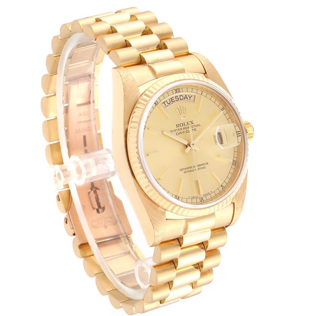 The Rolex President 18038 Men's Yellow Gold Champagne Dial 18038 Men's Yellow Gold Champagne Dial model watch is shown at a slight angle, highlighting the dial, bezel, bracelet, and clasp.