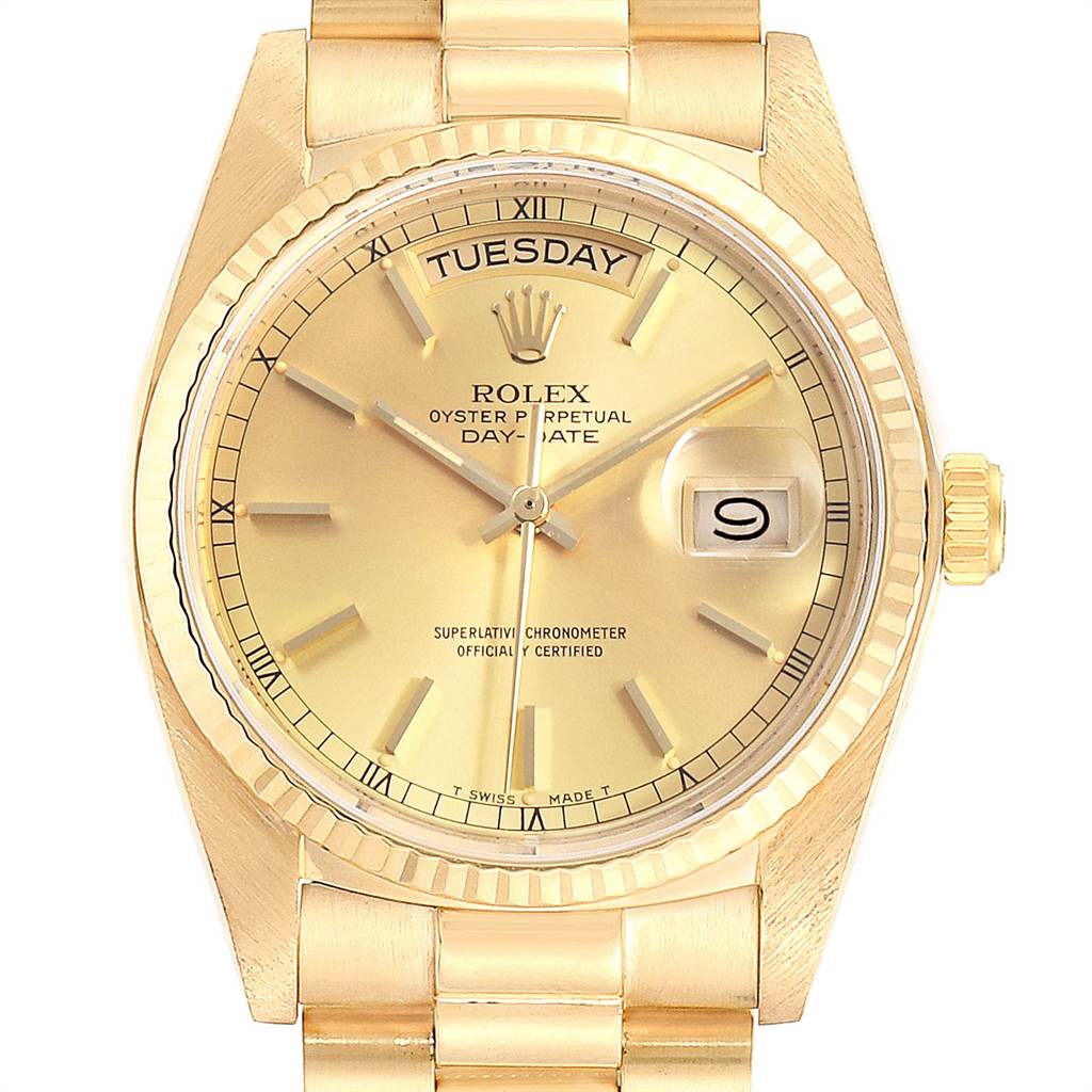 The image shows a front view of a Rolex President 18038 Men's Yellow Gold Champagne Dial 18038 Men's Yellow Gold Champagne Dial Day-Date watch, highlighting the dial, hands, day and date windows, and the bracelet.