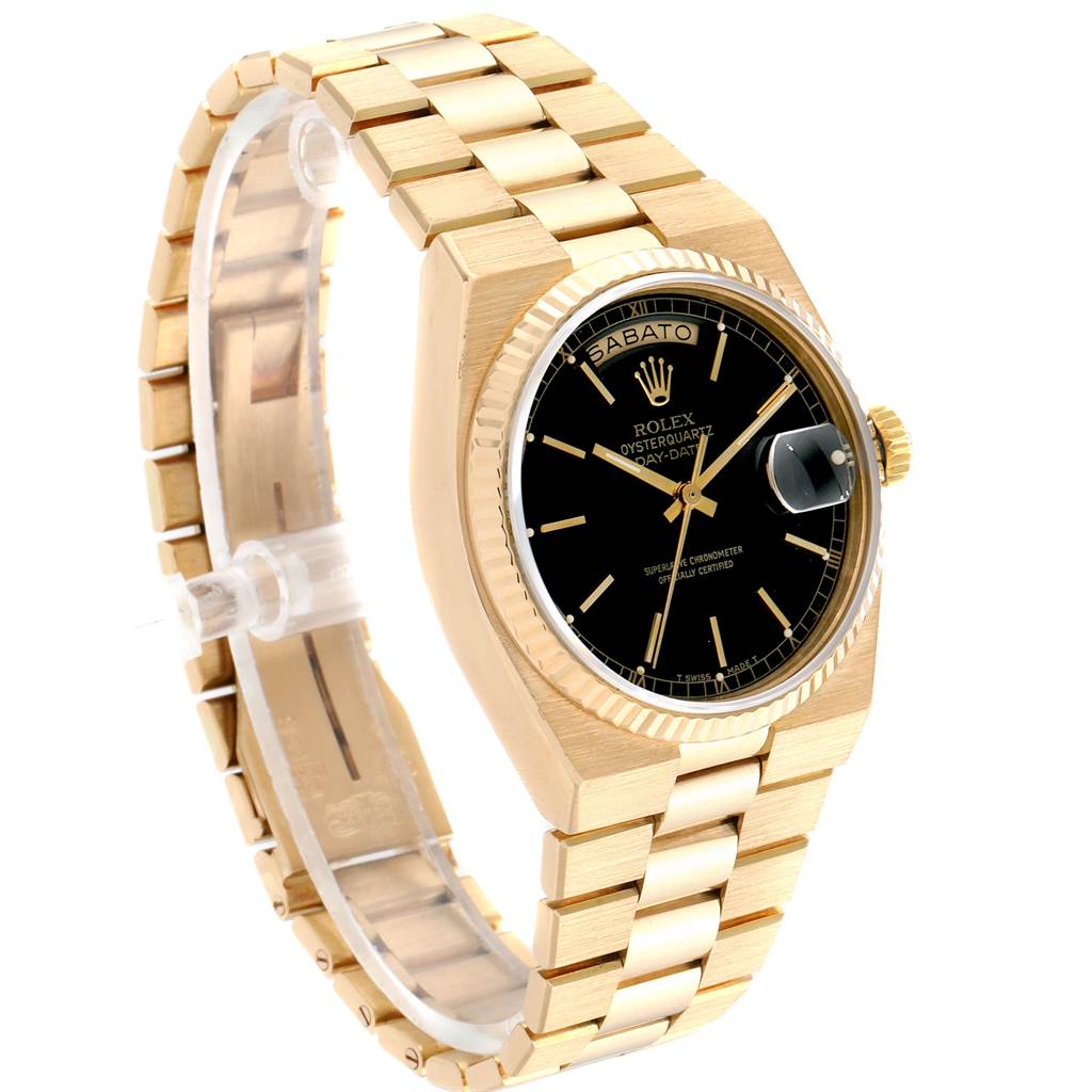 This image shows a side-angle view of the Rolex President 19018 Men's Yellow Gold Black Dial 19018 Men's Yellow Gold Black Dial model watch, highlighting its gold band and black dial.