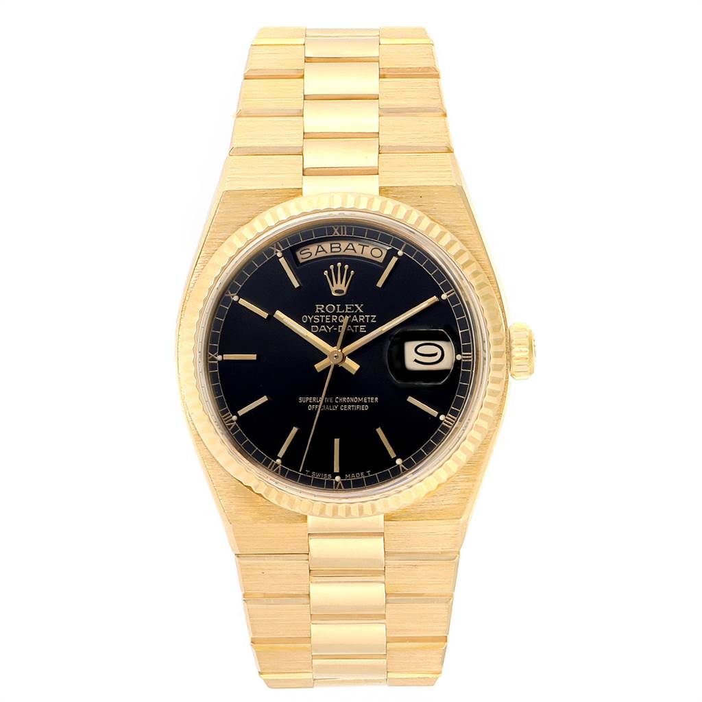 This image shows a front view of a Rolex President 19018 Men's Yellow Gold Black Dial 19018 Men's Yellow Gold Black Dial model watch, featuring the dial, bezel, and bracelet.