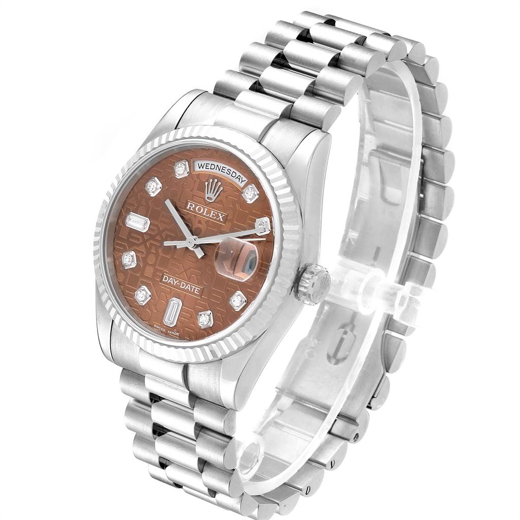 The image shows a Rolex President 118239 Men's White Gold Brown Dial 118239 Men's White Gold Brown Dial model watch at a three-quarter angle, highlighting the face, bezel, crown, and bracelet.