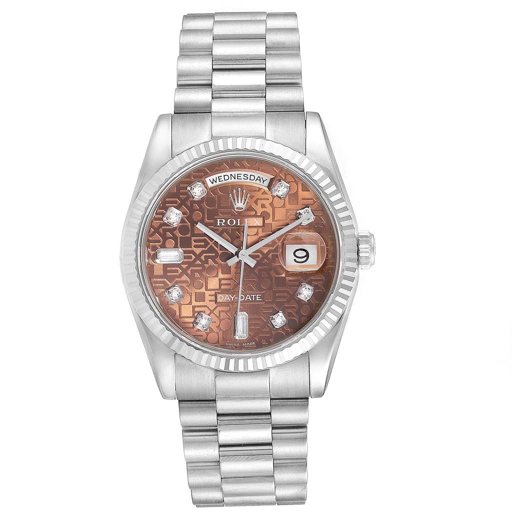 This image shows a front view of a Rolex President 118239 Men's White Gold Brown Dial 118239 Men's White Gold Brown Dial model watch, highlighting its face, strap, and dials.
