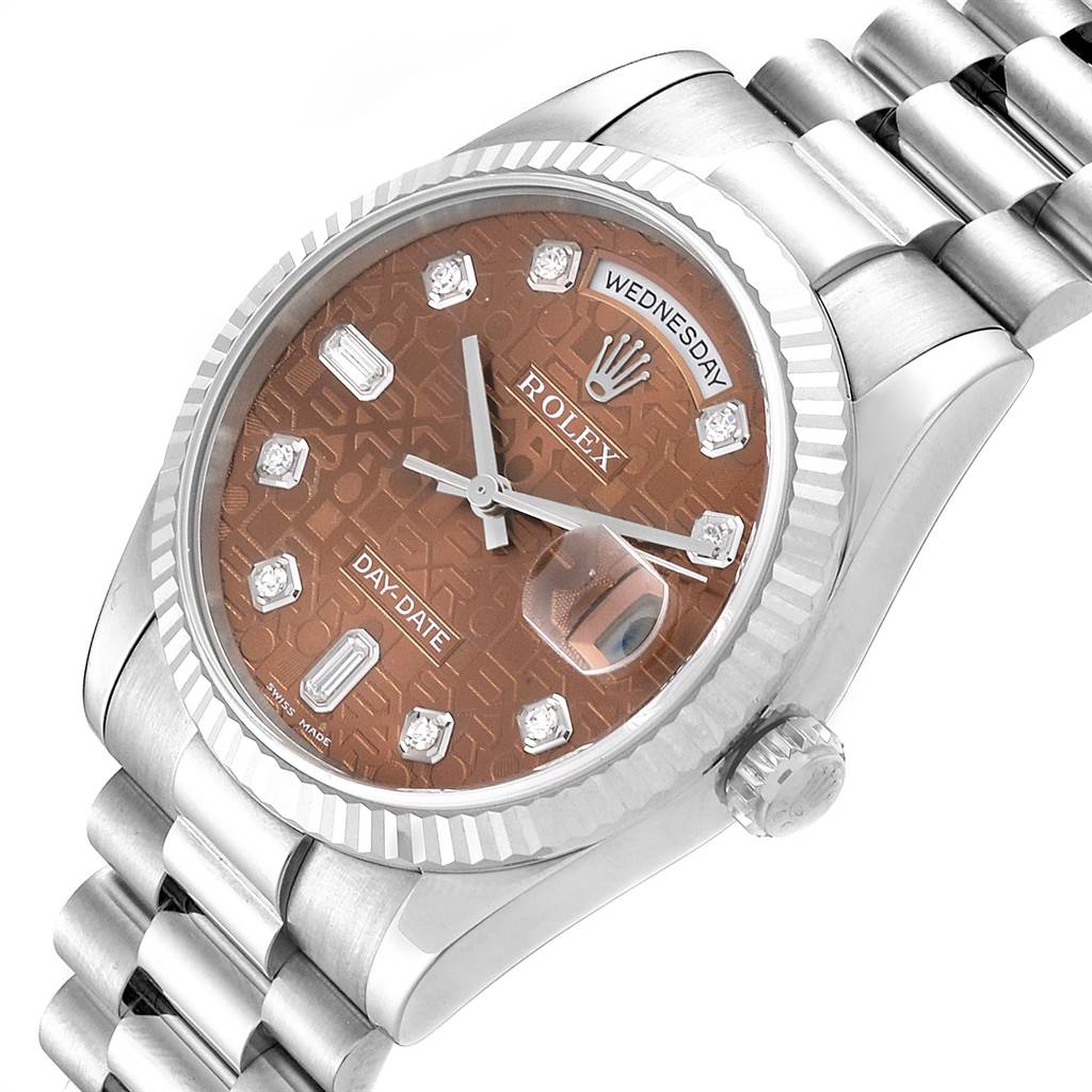 The Rolex President 118239 Men's White Gold Brown Dial 118239 Men's White Gold Brown Dial model watch is shown at a slight angle, displaying its face, bezel, crown, and bracelet.