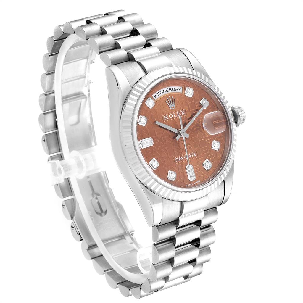 The Rolex President 118239 Men's White Gold Brown Dial 118239 Men's White Gold Brown Dial model watch is shown from an angled perspective, highlighting its face, bezel, and band.