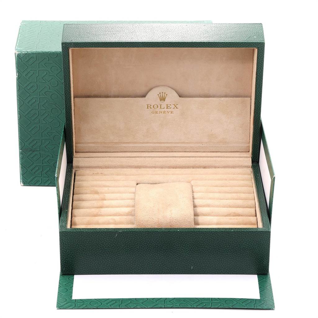 The image shows an open green Rolex President 118239 Men's White Gold Brown Dial 118239 Men's White Gold Brown Dial model watch box, with interior components such as a cushion and compartments.