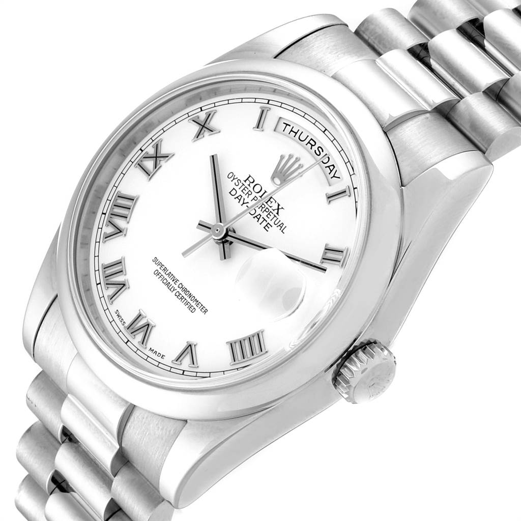 The Rolex President 118209 Men
s White Gold White Dial 118209 Men
s White Gold White Dial model watch is shown at a slight angle, highlighting its face, crown, and part of the bracelet.